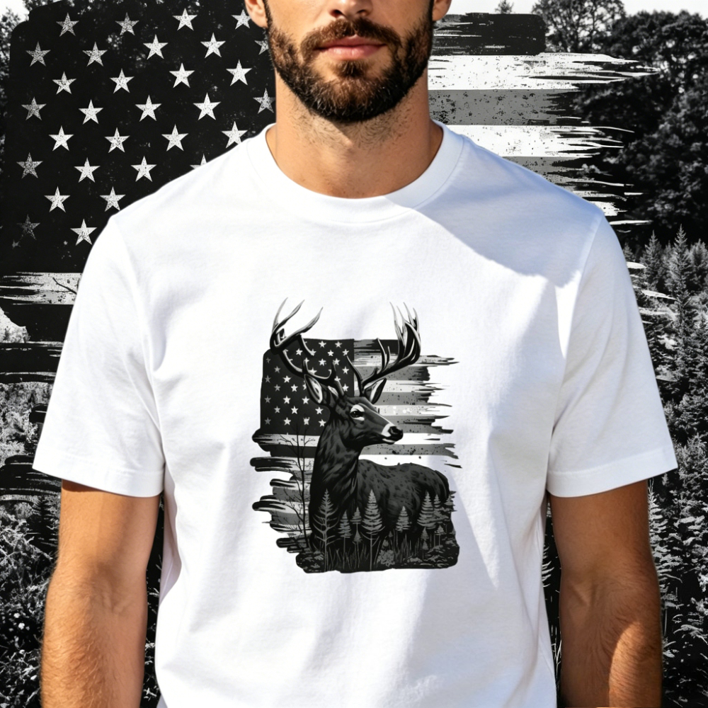 Hunting Outdoor Apparel - Patriotic USA Flag Buck Deer Forest