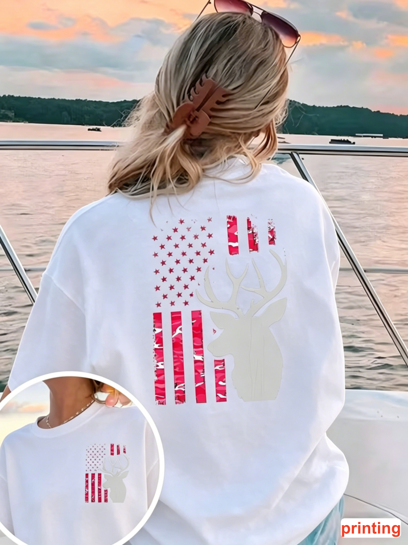 Outdoor Hunting Graphic Tees - American Flag Deer Print T-shirt Crew